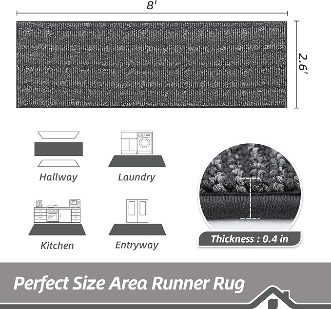 BEQHAUSE Hallway Runner Rugs 2.6x8, Hallway Rug Non-Slip Washable(Rolled-Up NO Creases), Runner Rug Absorbent Stain Resist Hall Rug Carpet Runner, Entryway Rugs Floor Mat Laundry Room Rugs, Charcoal