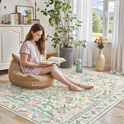 Lahome Boho Rugs for Living Room 5x7, Machine Washable Area Rugs Non-Slip, Vintage Floral Soft Kids Bedroom Carpet Rug for Home Girls Playroom Foyer Entryway, Beige/Multi