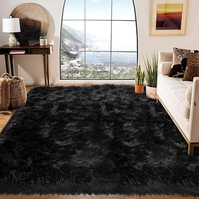 Latepis Area Rugs 12x12 Black Fuzzy Washable Rugs Faux Sheepskin Fur Rug for Living Room and Bedroom Shag Fluffy Rug for Floor Sofa Entertainment Room, Square