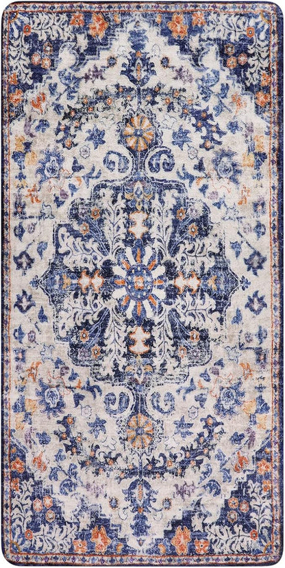 Lahome Bohemian Floral Medallion Runner Rug - 2x4 Blue Soft Bathroom Rug Runner Entry Way Mat, Washable Non Skid Laundry Room Carpet Runners for Living Room Dining Room Kitchen Entrance
