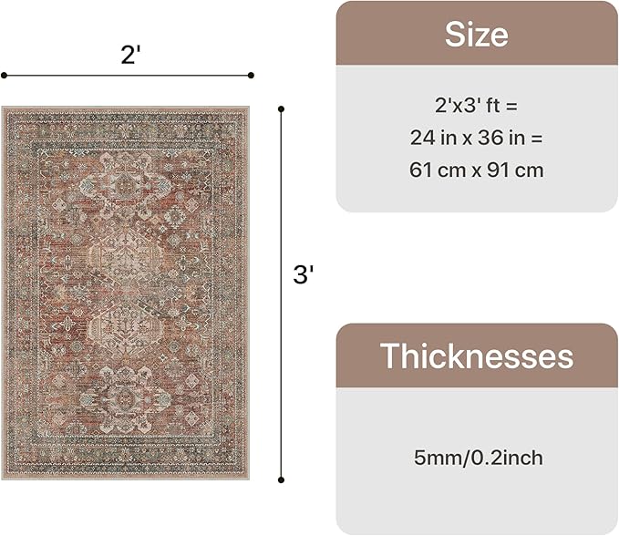 Bavni Washable Entry Rug 2x3, Non Slip Door Mat for Entryway or Kitchen, Vintage Print Low Pile Ultra Thin Indoor Rug, Brick