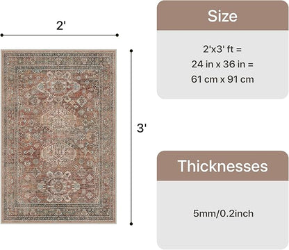 Bavni Washable Entry Rug 2x3, Non Slip Door Mat for Entryway or Kitchen, Vintage Print Low Pile Ultra Thin Indoor Rug, Brick