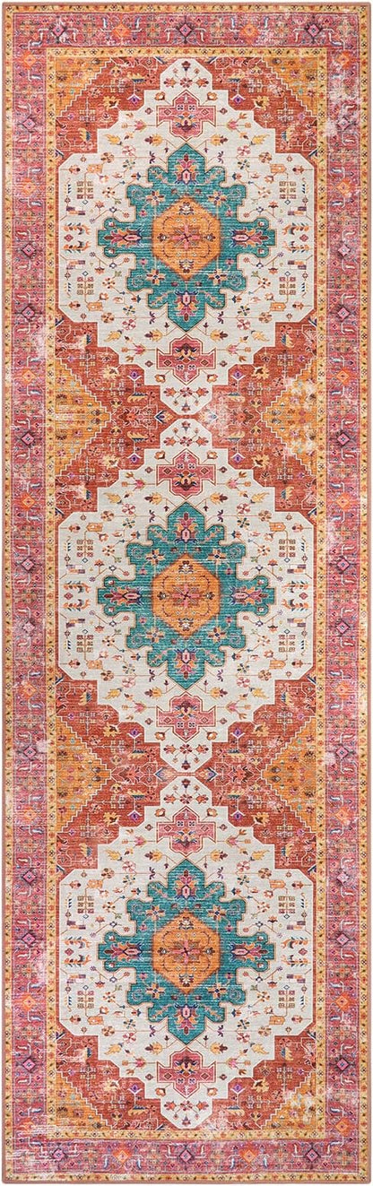 Moynesa Ultra-Thin Washable Runner Rug - 2'6"x8' Pink Runners for Hallways, Boho Non-Slip Bedroom Rug Runner, Vintage Oriental Medallion Kitchen Carpet Runner for Home Entrance Decor