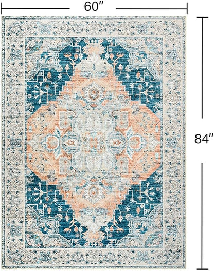 YJ.GWL Area Rugs for Living Room 5x7 Machine Washable Rugs, Non Slip Floral Vintage Rug Indoor Carpet, Stain Resistant Large Rug for Bedroom Dining Room, Dark Blue