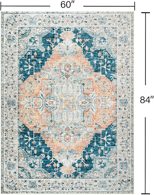 YJ.GWL Area Rugs for Living Room 5x7 Machine Washable Rugs, Non Slip Floral Vintage Rug Indoor Carpet, Stain Resistant Large Rug for Bedroom Dining Room, Dark Blue