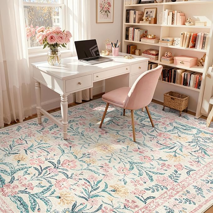 Wonnitar Washable Area Rug 6x9, Pink Floral Rugs for Bedroom Girls Soft Living Room Carpet Ultra-Thin, Boho Non Slip Non-Shedding Pastel Nursery Carpet for Kids Room Playroom Dorm