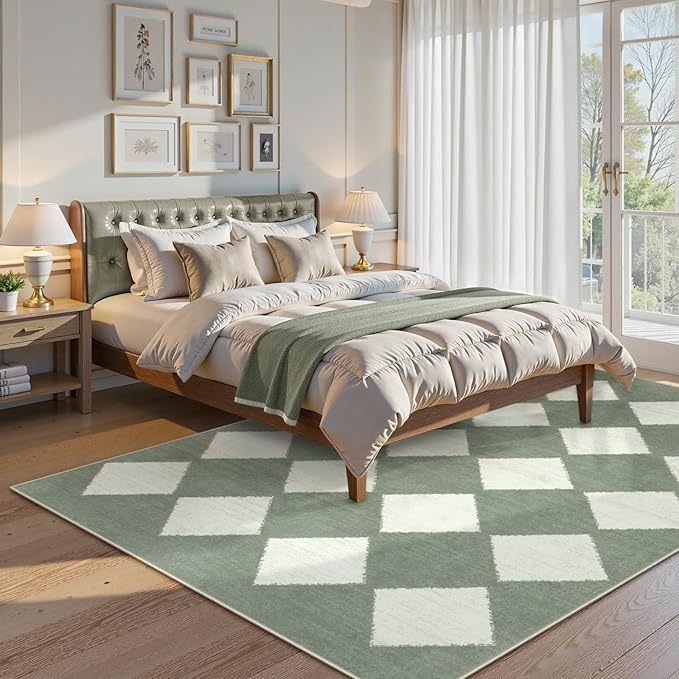 Lahome Checkered Washable 5x7 Rugs for Living Room Green Rug for Bedroom, Soft Dining Room Rugs for Under Table, Diamond Trellis Throw Carpet for Entryway Dorm Kids Playroom (5'x7',Green)