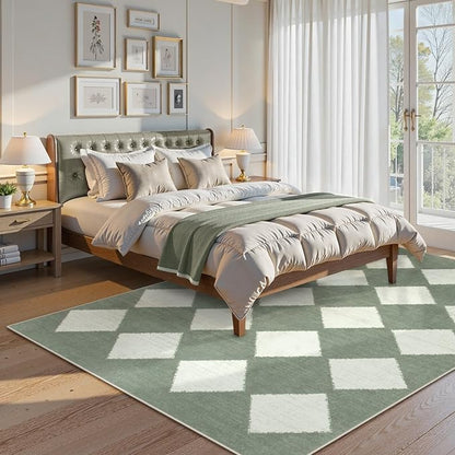 Lahome Checkered Washable 5x7 Rugs for Living Room Green Rug for Bedroom, Soft Dining Room Rugs for Under Table, Diamond Trellis Throw Carpet for Entryway Dorm Kids Playroom (5'x7',Green)