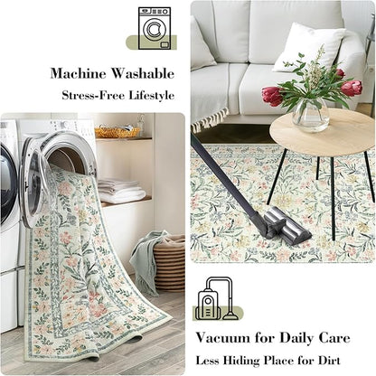 Wonnitar Boho Floral Washable Rugs 5x7, Soft Area Rugs for Bedroom, Ultra-Thin Non Slip Beige Area Carpets, Flower Print Decor Carpet for Living Room Nursery Dining Room Office