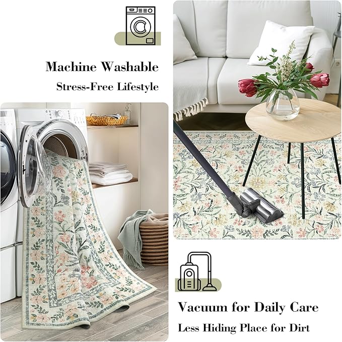 Wonnitar Boho Washable Rug 8x10, Large Area Rug for Living Room, Soft Floral Carpet for Bedroom Non Slip, 8 x 10 Indoor Beige Carpets for Nursery Dining Room Apartment Office Decor