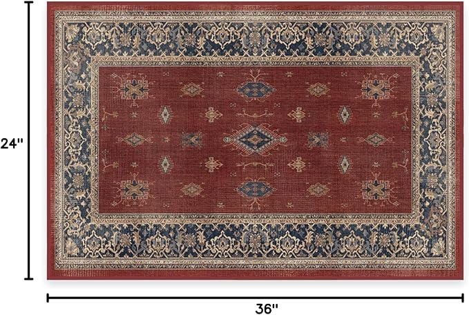RUGGABLE Washable Vintage Area Rug – Verena Amber Red 2x3, Stain-Resistant, Non-Slip – Small Machine Washable Rugs for Living Room, Bedroom, Hallway, Entryway & Bathroom–with Standard Pad