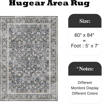 HUGEAR 5x7 Machine Washable Rugs Black Grey Hallway Area Rug Indoor Accent Rug Floral Low Pile Carpet Soft Throw Aesthetic Rug Bedroom Living Room Office Dining Room Kitchen Laundry Room Non Slip