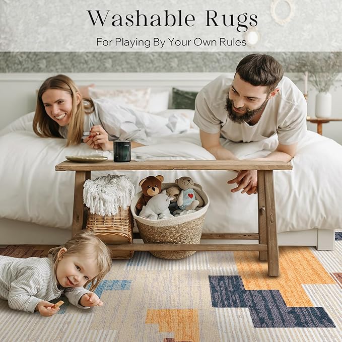 Phantoscope Washable Area Rug 6'x9' Non-Slip, Modern Neutral Boho Rugs for Living Room, Bedroom, Dining Room, Abstract Geometric Blocks Pattern, Low-Pile Foldable Floor Carpet, Warm Terracotta/Cream