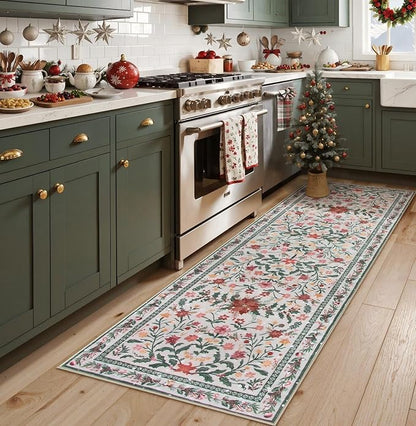 Lahome Christmas Runner Rugs 2x6 Kitchen Decor, Entry Way Rugs with Botanical Holly Berries, Non-Slip Thin Mat for Hallway Front Door Cottagecore Indoor Decor