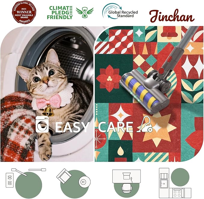 jinchan Round Christmas Rug 5ft for Living Room Washable Circle Christmas Bedroom Rug 5' Round Xmas Geometric Non-Slip Soft Carpet Festive Red-Green Holiday Patch Decor for Entryway Porch Kitchen