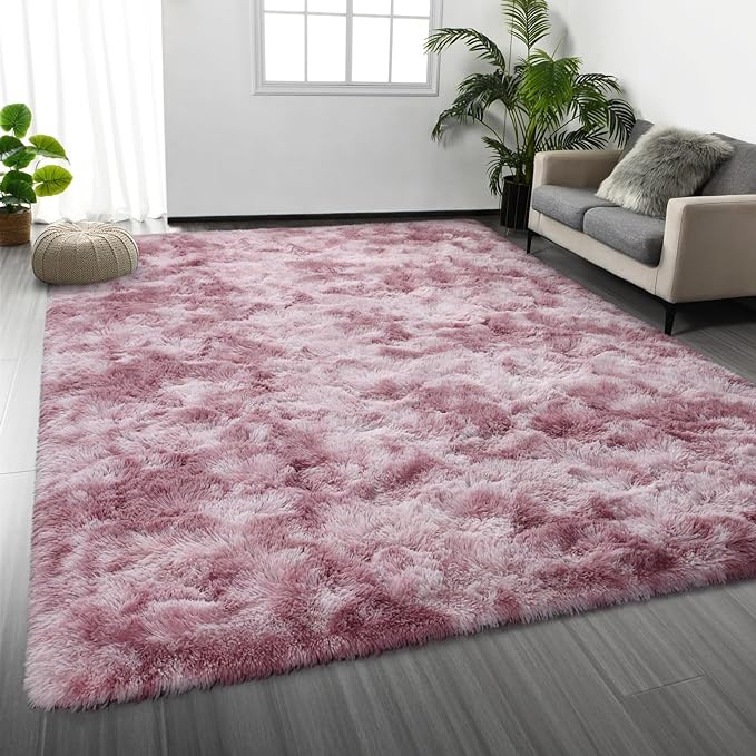 Large Shag Area Rugs 6 x 9, Tie-Dyed Plush Fuzzy Rugs for Living Room, Ultra Soft Fluffy Furry Rug for Bedroom, Indoor Carpet Nursery Rugs for Kids Room Home Decor, Pink Purple