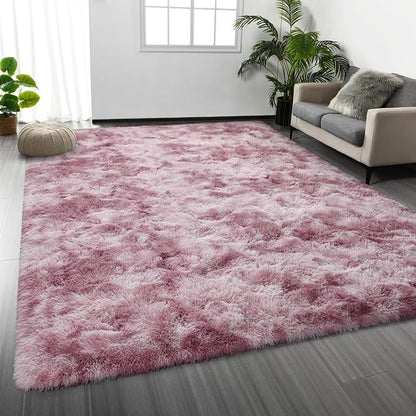 Large Shag Area Rugs 6 x 9, Tie-Dyed Plush Fuzzy Rugs for Living Room, Ultra Soft Fluffy Furry Rug for Bedroom, Indoor Carpet Nursery Rugs for Kids Room Home Decor, Pink Purple