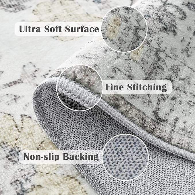 jinchan Kalen Runner Rug 3x10 Washable Area Rug Soft Vintage Indoor Floor Cover Thin Retro Distressed Grey Multi Carpet Floral Print Country Non Slip for Bathroom Kitchen Bedroom Living Room