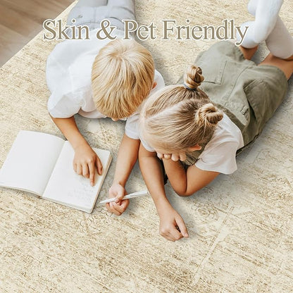 6x9 Area Rug for Living Room Floral Washable Non-Slip Modern Rugs for Bedroom Dinning Room Ultra-Thin Indoor Beige