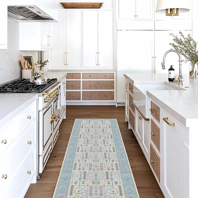 Fame Living Cream Blue Oushak Runner Rug, Modern Runners, Vintage, Turkish, Eclectic, Floral, Pastel, Washable, Runner for Hallway, Kitchen, Bedroom, Bathroom, 2'5"x9'8"