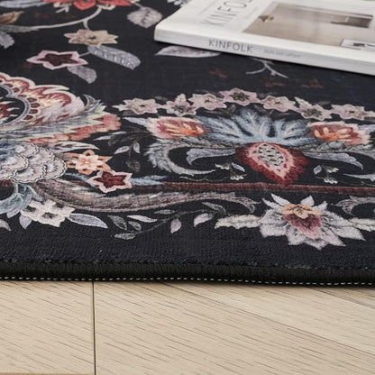 Rugcomf Vintage Paisley Rugs for Bedroom 4'x6' - Machine Washable Area Rug, Non-Slip Low Pile Floral Carpet for Girl/Boys Room, Living Room, Kids, Entry - Black