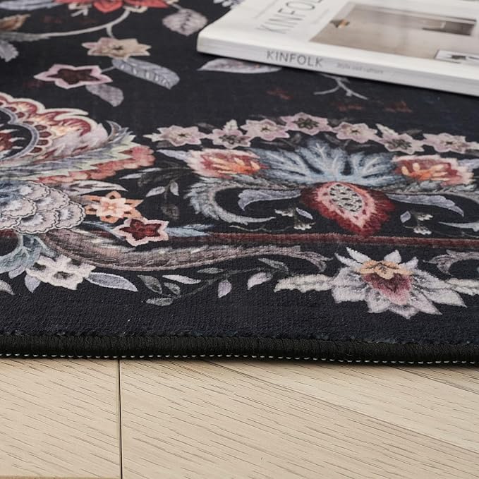 Rugcomf Vintage Paisley Round Rug 4ft - Machine Washable Area Rug, Non-Slip Low Pile Floral Carpet for Entryway, Living Room, Bedroom, Dining Room, Kids, Bathroom, Office - Black