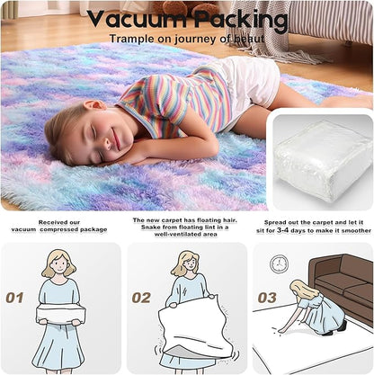 3x5 Rugs for Bedroom, Fluffy Small Area Rugs for Living Room, Soft Shag Fuzzy Carpet with 4 Non-Slip Stickers for Kids Boys and Girls Nursery Dorm Room Home Decor (Rainbow, 3ft x 5ft)