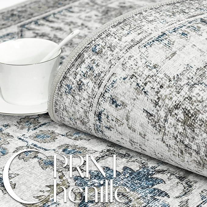 jinchan Area Rug 8x10 Washable Living Room Rug Vintage Indoor Large Floor Cover Retro Distressed Floral Country Boho Lightweight Non Slip Thin Carpet for Kitchen Bedroom Dining Room Office Blue