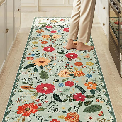 Rug Runners 2x6, Floral Green Washable Kitchen Rugs for Hallways Area Rugs, Non Slip Long Rug Low Pile Doormat Flower Carpet for Kitchen, Entryway Indoor, Bedroom, Bathroom, Laundry, Sage Green