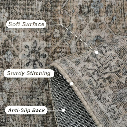 9x12 Washable Area Rug Grey Brown Vintage Rug for Living Room Bedroom Low Pile Soft Non-Slip Boho Rug for Under Table Boho Distressed Retro Carpet for Bedroom Kitchen Office Dining