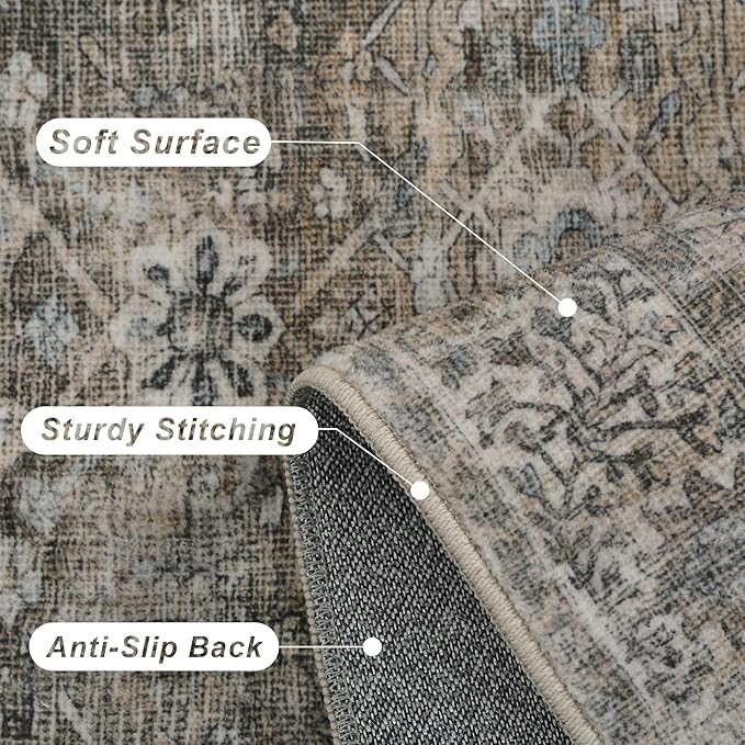 3x5 Washable Rug for Living Room Bedroom Dining Room Non-Slip Low Pile Boho Vintage Distressed Entryway Rug Traditional Floral Retro Accent Throw Carpet for Dining Room Bathroom Kitchen Antique/Moss