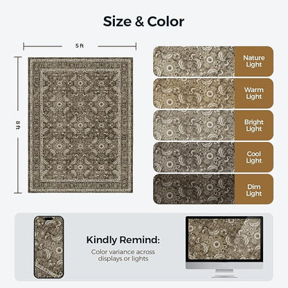 WITSHOCK Living Room Area Rugs 5x8: Soft Non-Slip Backing Washable Rugs Vintage Large Carpet for Bedroom Office Dining Room Kitchen Stain Resistant Home Decor Rug, Dark Brown