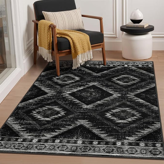 Area Rug 3x5 Rug Machine Washable Non-Slip Low Pile Print Pattern Western Rug for Living Room Bedroom Entryway Tribal Series-Black