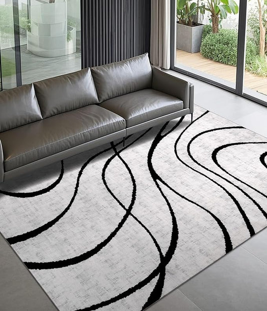 YIHOUSE Modern Area Rugs for Bedroom,5x7 Washable Black and White Rug, Thin Abstract Geometric Minimalist Striped Rug, Black Rugs for Bedroom,Kitchen,Dining Room Office