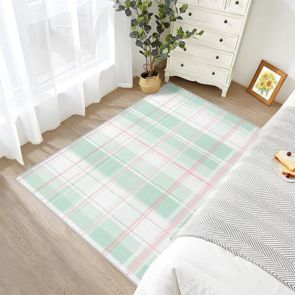 Plaid Rugs for Living Room - 5x6ft - Mint Green Tartan Gingham Rug for Bedroom Non Slip Low Pile Machine Washable Area Rugs, Plaid Carpets House Decor & Gifts