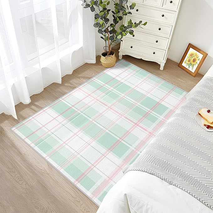 6x8 Rug Non Silp - Plaid Rugs for Living Room, Mint Green Tartan Gingham Low Pile Machine Washable Area Rugs for Bedroom, Plaid Carpet House Decor & Gifts