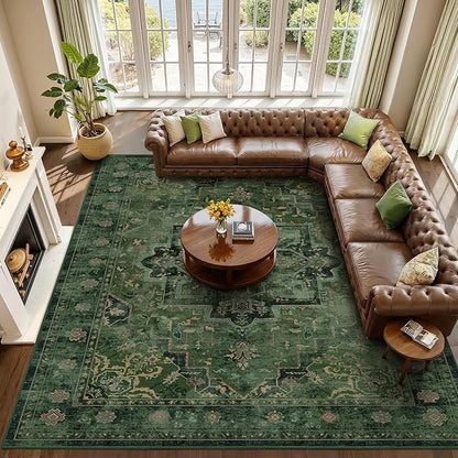 Extra Large Area Rugs 10x14 for Living Room, Dark Green Farmhouse Distressed Printed Carpet Rugs for Bedroom Low Pile Thin, Non Slip Washable Neutral Boho Rug for Dining Room