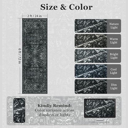 Dark Black 2x6 Runner Rugs for Hallway Entryway, Kitchen Runners Washable Non Slip Low Pile, Vintage Distressed Medallion Printed Rugs for Mudroom/Bedroom Bedside/Laundry Room/Bathroom