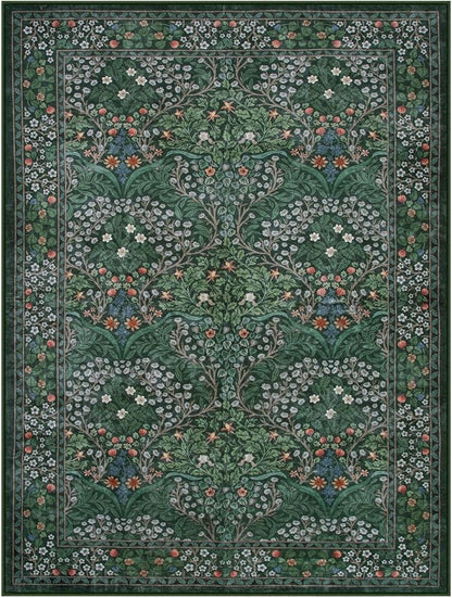 Lahome Floral 9x12 Area Rugs for Living Room Bedroom, Soft Washable Rugs 9x12 Stain Resistant, Ultra-Thin Non-Slip Boho Dining Room Rug Non-Shedding Accent Carpet for Office, Dark Green