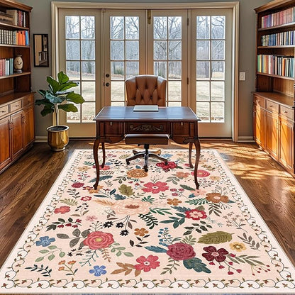 5x7 Area Rugs for Living Room Clearance Washable Boho Area Rug, Vintage Floral Non Slip Low Pile Large Rug for Living Room, Bedroom, Dining Room, Farmhouse (5 x 7 Beige Red)