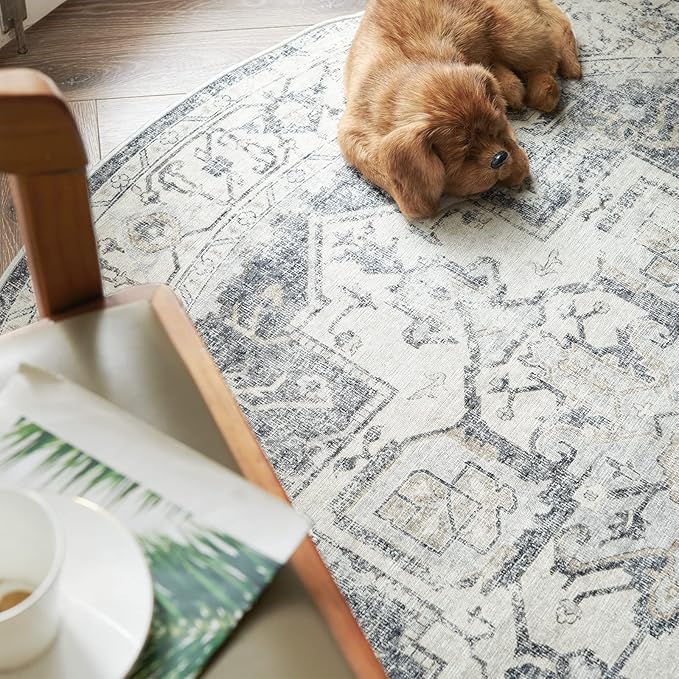 jinchan Kelda Round Rug 5ft Washable Area Rug Indoor Vintage Floor Cover Distressed Circle Mat 5' Round Lightweight Non Slip Low Pile Thin Carpet for Entryway Kitchen Living Room Bedroom Grey