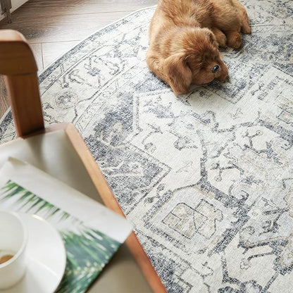 jinchan Kelda Round Rug 5ft Washable Area Rug Indoor Vintage Floor Cover Distressed Circle Mat 5' Round Lightweight Non Slip Low Pile Thin Carpet for Entryway Kitchen Living Room Bedroom Grey