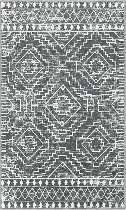 Wonnitar Moroccan 3x5 Washable Area Rug, Boho Living Room Rug, Non-Slip Farmhouse Rustic Bedroom Throw Mat, Non-Shedding Soft Geometric Floor Carpet for Kitchen Entry Office (Dark Grey,3'x5')