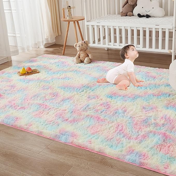 Andency 6x9 Area Rugs, Large Shag Fluffy Soft Shaggy Rugs for Living Room Bedroom, Non-Slip Tie-Dyed Rainbow Thick Plush Carpet for Kids Girls and Boys, Dorm Nursery Home Decor Aesthetic