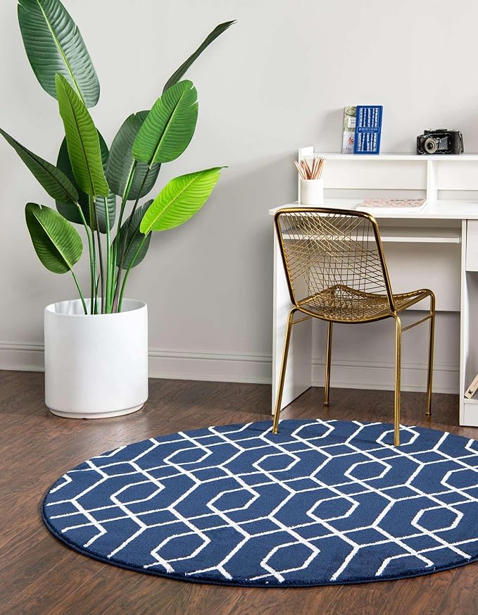 Unique Loom Glam Collection Area Rug - Trellis (7' 10' Round, Navy Blue Silver/ Silver)
