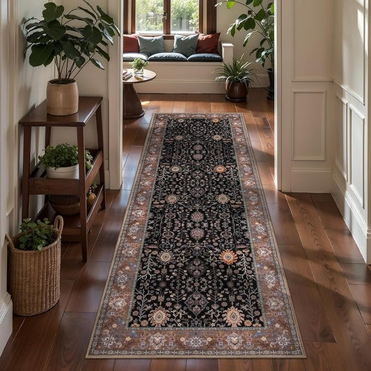 Ciicool Black Area Rugs Washable Non Slip Runner Rug, 2x6ft Hallway Rug Vintage Kitchen Carpet for Entrance Bedroom Laundry Bathroom Decor