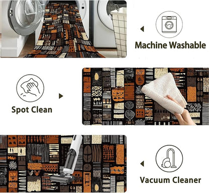 African Style Brown Orange Area Rug for Living Room, Non-Slip Backing Low Pile Modern Abstract Rug for Indoor Use, 5x7 Washable Carpet