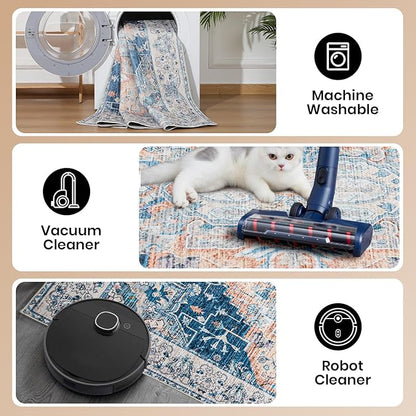 4x6 Washable Rug – Boho Non-Slip Indoor Area Rug for Living Room, Bedroom, Dining Room, Entryway –Navy and Orange Classic Medallion