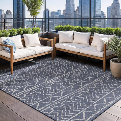 Beverly Rug Waikiki Indoor Outdoor Rug 5x7, Washable Outside Carpet for Patio, Deck, Porch, Trellis Area Rug, Water Resistant, Blue - White