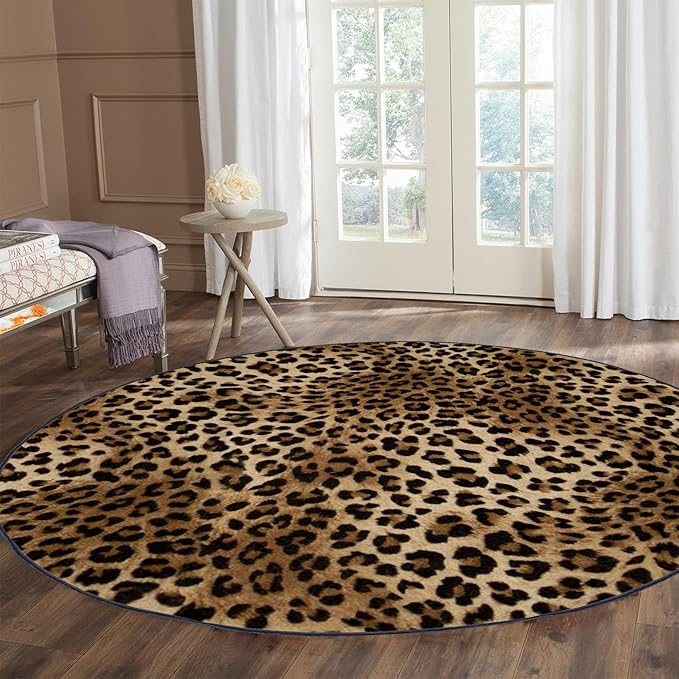 Leopard Rug 5ft Round Area Rugs Washable Print Non-Shedding Round Rug Soft Non-Slip Circle Carpet for Bedroom Living Room Dining Room Nursery Kitchen